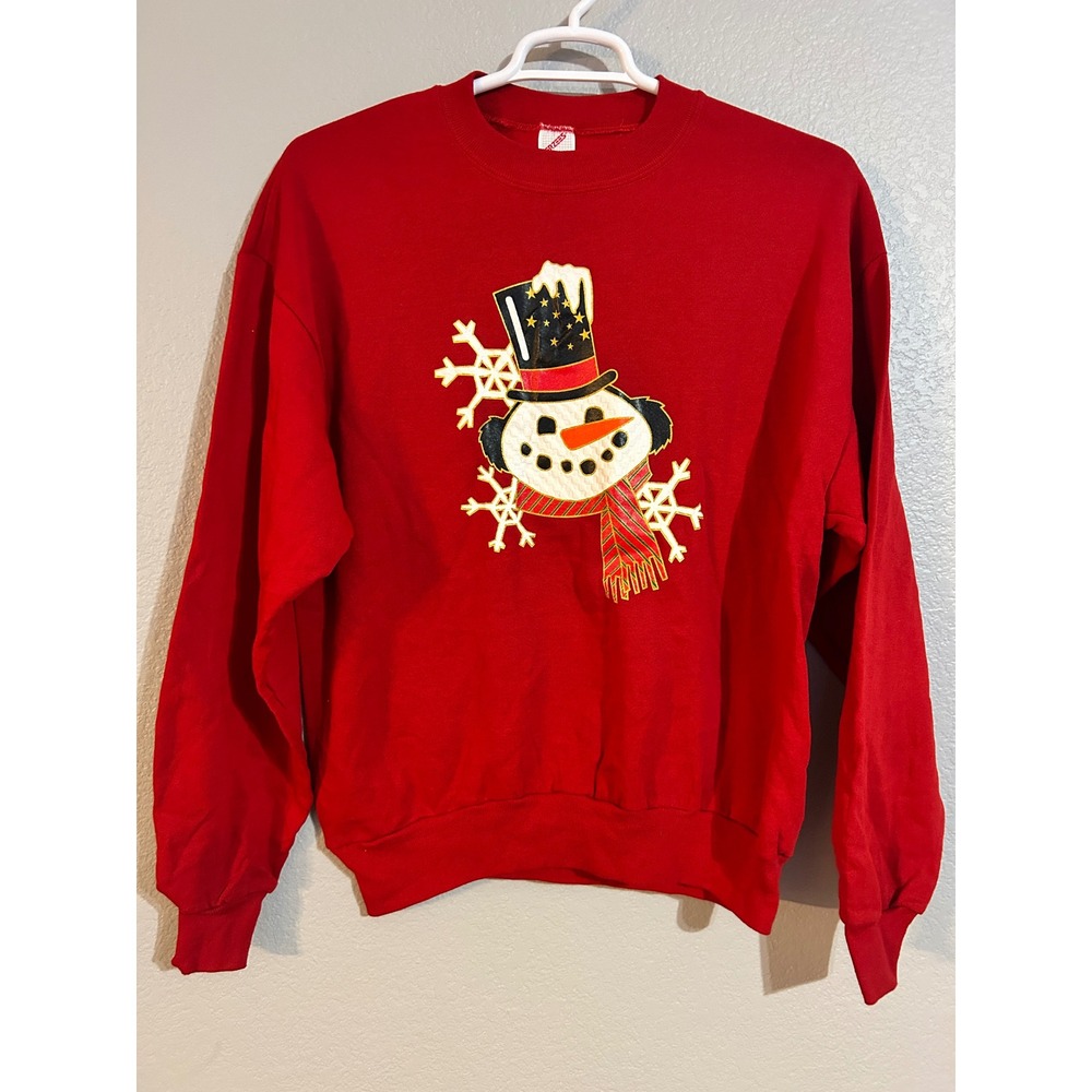 Vintage Jerzees Snowman Sweatshirt Mens Large Red Holiday Crewneck Made in USA
